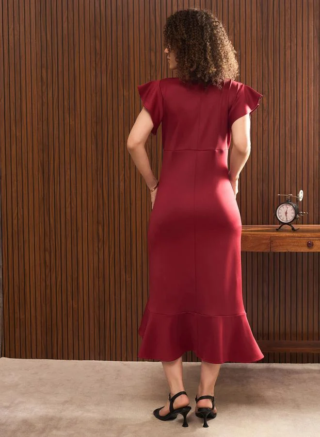 Sassafras  Women Maroon Satin Frill Midi Dress for Women | Best Price UAE